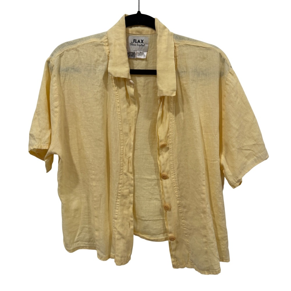 FLAX by Jeanne Engelhart 100% Linen Button Down Shirt Yellow Large Short Sleeve